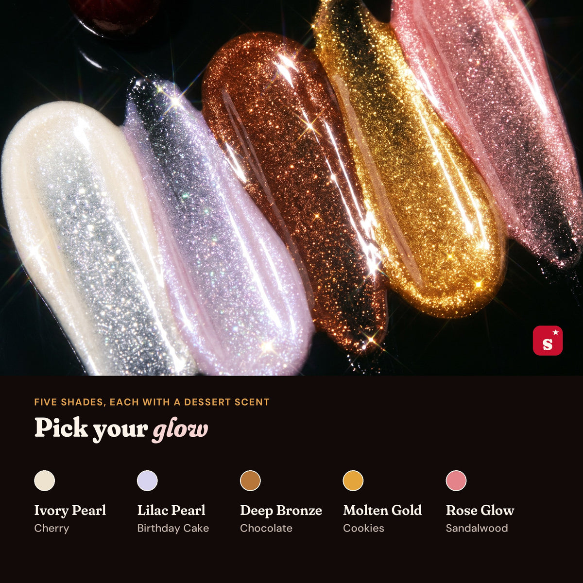 Five shimmer swatches: Ivory Pearl, Lilac Pearl, Deep Bronze, Molten Gold and Rose Glow