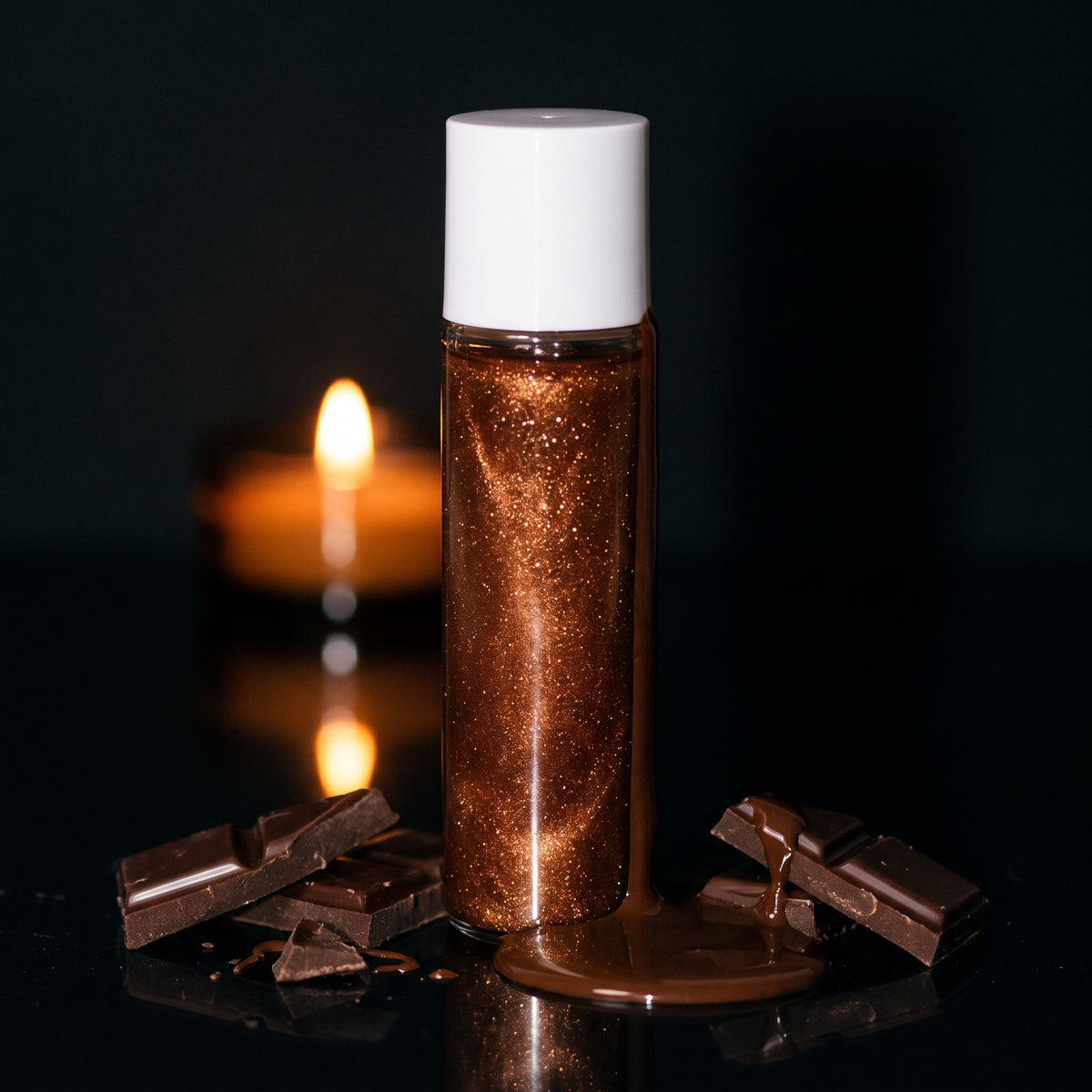 Deep Bronze shimmer body oil with dark chocolate