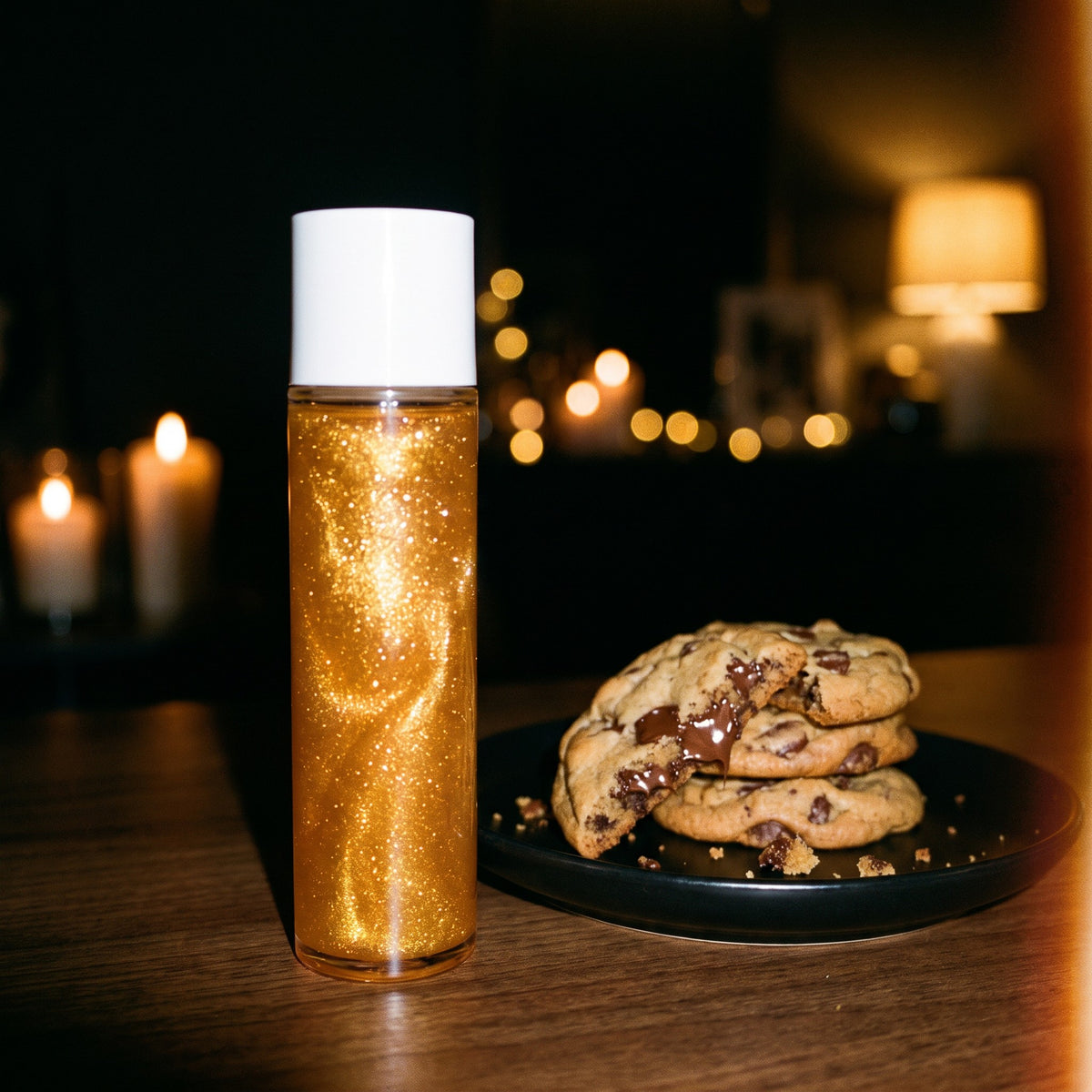 Molten Gold shimmer body oil with chocolate-chip cookies