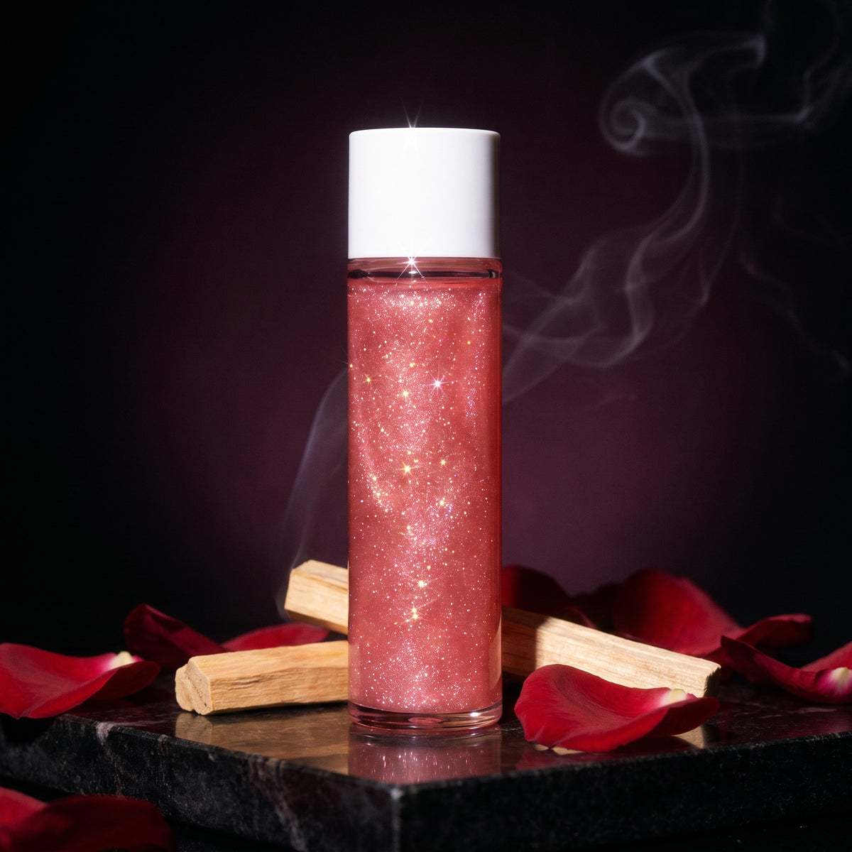Rose Glow shimmer body oil with sandalwood and rose petals