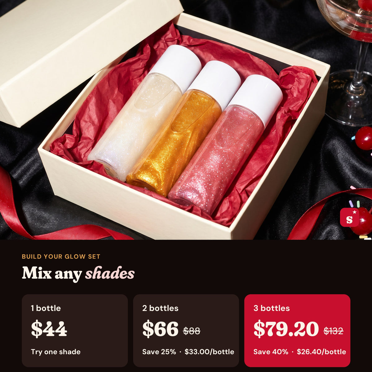 Build your glow set: 1 bottle $44, 2 bottles $66 save 25%, 3 bottles $79.20 save 40%