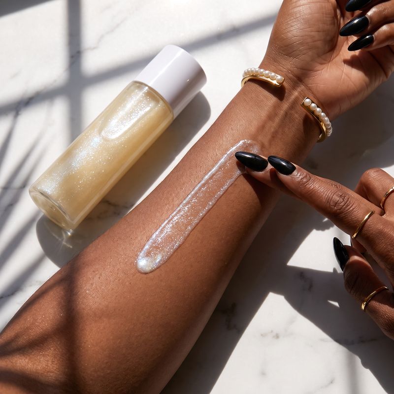 Pouring a line of pearl shimmer oil down a forearm in the sun